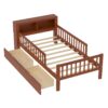 Twin Size Bed With Headboard Storage Rack, 2 Under Bed Drawers, 3 - Side Guardrails For Safety And Security - Walnut - Image 10