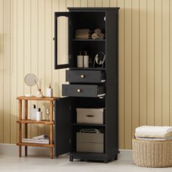 Tall Bathroom Storage Cabinet With Glass Doors, Free-Standing, Two Drawers, And Adjustable Shelves, MDF Board, Painted Perfect For Displaying Your Favorite Items - Black