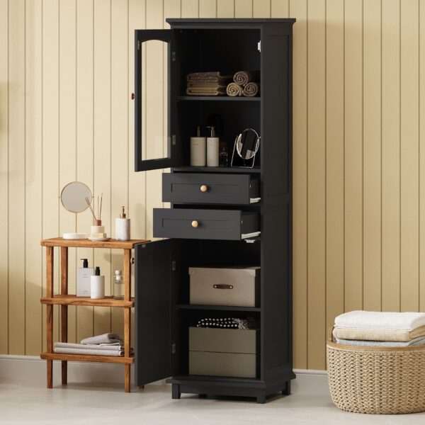 Tall Bathroom Storage Cabinet With Glass Doors, Free-Standing, Two Drawers, And Adjustable Shelves, MDF Board, Painted Perfect For Displaying Your Favorite Items - Black