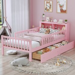 Twin Size Bed With Headboard Storage Rack, 2 Under Bed Drawers, 3 - Side Guardrails For Safety And Security - Pink