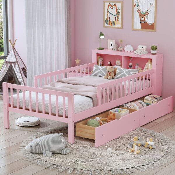 Twin Size Bed With Headboard Storage Rack, 2 Under Bed Drawers, 3 - Side Guardrails For Safety And Security - Pink