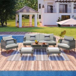6 Pieces All Weather Sofa Set, Outdoor Rattan Sofa With Double Cushions, Wood Legs Wood Table Top - Beige / Gray