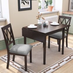 3 Piece Kitchen Dining Set With Drop Leaf Dining Table And 2 Dining Upholstered Chairs, Dining Room Set For Small Places - Espresso