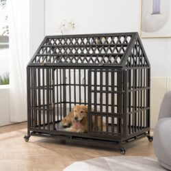 Heavy Duty Dog Cage Pet Crate With Roof & Window On Roof - Black