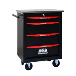 4 Drawer Multifunctional Tool Cart With Wheels, Metal Rolling Tool Cart Storage For Garage Workshop Warehouse Repair Shop With Stainless Steel Roof - Black / Red