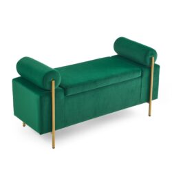 Elegant Upholstered Velvet Storage Bench With Cylindrical Arms And Iron Legs - Green