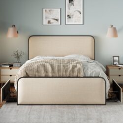 Modern Metal Bed Frame With Curved Upholstered Headboard And Footboard Bed With 4 Storage Drawers, Heavy Duty Metal Slats, King Size - Beige