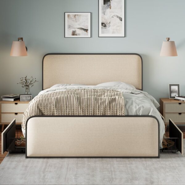 Modern Metal Bed Frame With Curved Upholstered Headboard And Footboard Bed With 4 Storage Drawers, Heavy Duty Metal Slats, King Size - Beige