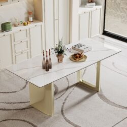Thick Sintered Stone Composite Tempered Glass Top Rectangular Dining Table With Stainless Steel Base - Gold