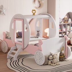 Twin Size Princess Carriage Bed With Crown, Platform Car Bed With Stair - White / Pink