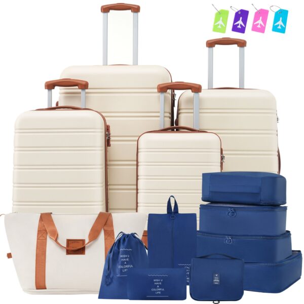 Hardshell Luggage Sets 4 Pieces + Bag Spinner Suitcase With Tsa Lock Lightweight - 16" / 20" / 24" / 28" Luggages - Brown / White