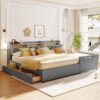 Queen & Twin Long Size Upholstered Platform Bed, Mother & Child Bed With Hydraulic Storage System, Drawer Box, Bedhead Storage Shelf And 2 Pairs Of Sockets & USB Ports - Gray - Image 17