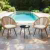 Modern 3 Piece Set, Anti - Spill Round Coffee Table, 2 Rattan Swivel Chairs, Outdoor Patio Furniture For Tea Time - Black / Wood - Image 11