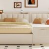 Queen & Twin Long Size Upholstered Platform Bed, Mother & Child Bed With Hydraulic Storage System, Drawer Box, Bedhead Storage Shelf And 2 Pairs Of Sockets & USB Ports - Beige - Image 21