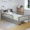 Twin Size Bed With Headboard Storage Rack, 2 Under Bed Drawers, 3 - Side Guardrails For Safety And Security - Gray - Image 2