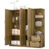 3 Door Storage Wardrobe For Dedroom With Shelves And 2 Drawers, Side Storage Shelves - Nature - Image 9