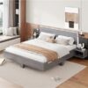 King Size Floating Platform Bed, With LED Lights, Bedside Nightstand - Gray - Image 6