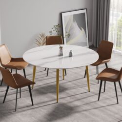 Modern Man-Made Stone Round Metal Dining Table-Position For 6 People - White / Gold