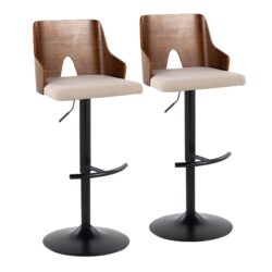 Ariana - Mid-Century Modern Adjustable Barstool Stool With Swivel With Rounded T Footrest (Set of 2) - Black / Walnut / Beige