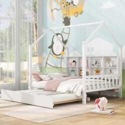 Full Size House Bed With Trundle, Kids Bed With Shelf - White