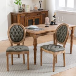 French Style Solid Wood Frame Antique Painting, Hand-Pulled Buckle Decoration Artificial Leather Dining Chair With Nailhead Trim, Wood Legs (Set of 2) - White Pine / Green