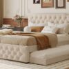 Queen Size Upholstered Platform Bed With Twin Size Trundle And 2 Sets Of USB Ports On Each Side - Beige - Image 13
