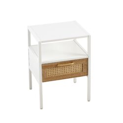 Rattan End Table With Drawer, Modern Nightstand, Metal Legs, Side Table For Living Room, Bedroom - White