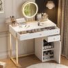 Makeup Vanity Desk With Lighted Mirror, Luxury Dressing Table With 2 Drawers And 1 Cabinet, 3 Lighting Modes Available For Bedroom - White / Gold - Image 3
