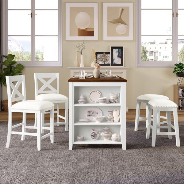 5 Pieces Counter Height Rustic Farmhouse Dining Room Wooden Bar Table Set With 2 Stools And 2 Chairs - White