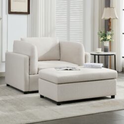 Wide Modern Oversized Armchair With Ottoman Stool, Single Sofa With Lumbar Support, Accent Chair, Reading Chair For Bedroom, Living Room - Cream