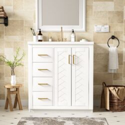 Bathroom Vanity With Ceramic Sink Combo, Frame Bathroom Storage Cabinet, Freestanding Vanity Set With 3 Drawers & Soft Closing Doors - White
