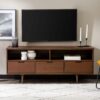 Mid Century Modern 3 Drawer 58" TV Stand For 65" TVs With 2 Open Cubbies - Walnut - Image 6