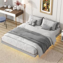 Queen Size Floating Bed With Led Lights Underneath, Modern Queen Size Low Profile Platform Bed With Led Lights - Gray