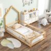 Twin Size Wood Bed With House Shaped Headboard Floor Bed With Fences - Natural - Image 2