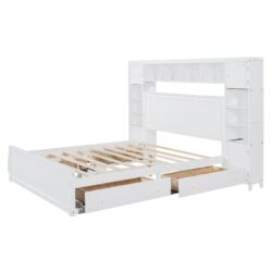 Queen Size Bed With All In One Cabinet, Shelf And Sockets - White