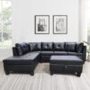 3 Piece Sofa With Left Chaise Lounge And Storage Ottoman, 2 Throw Pillows - Black - Image 12