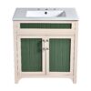 Bathroom Vanity Cabinet With Ceramic Sink Combo Set, Frame Modern Bathroom Storage Cabinet With Height Adjustable Shelf - Beige / Green - Image 10