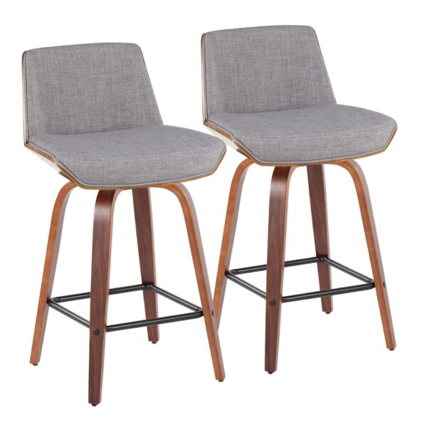 Corazza - Mid-Century Modern Counter Stool With Swivel With Square Footrest (Set of 2) - Walnut / Light Gray
