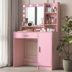 Vanity Desk With Mirror & Light, Large Drawer Three Level Storage Dresser, 3 Lighting Modes Adjustable Brightness, Bedroom Dressing Table - Pink