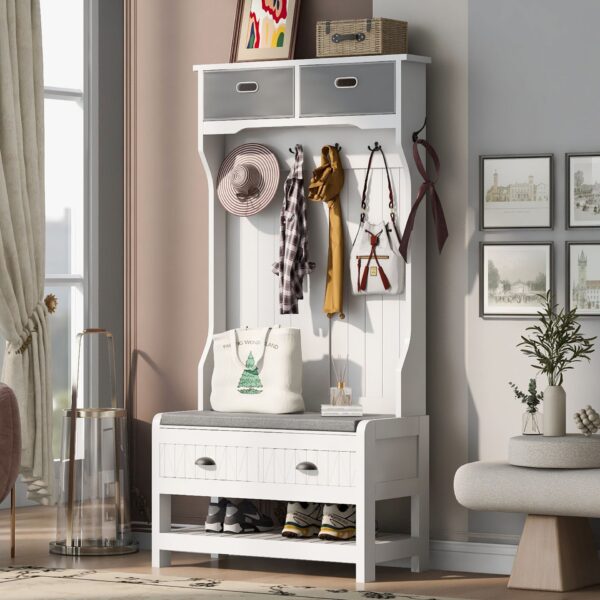Hall Tree With 6 Hooks And Hinged Lid, Coat Hanger, Entryway Bench, Storage Bench, 3 In 1 Design, For Entrance, Hallway - White
