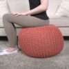 Bordeaux - Knitted Cotton Round Pouf, Versatile Ottoman And Cushion - Coral - Image 2
