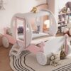 Twin Size Princess Carriage Bed With Crown, Platform Car Bed With Stair - White / Pink - Image 15