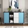 Modern Sideboard Buffet Cabinet With Doors And Unique Panel Styling - Black / Blue - Image 4