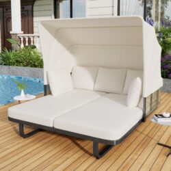 Outdoor Patio Daybed Rattan Daybed Outdoor Sunbed With Detachable Pillows For Patio, Backyard, Pool - Beige
