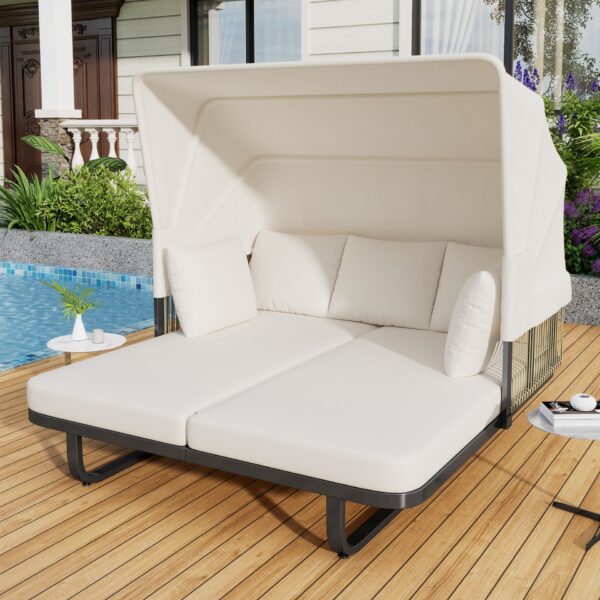 Outdoor Patio Daybed Rattan Daybed Outdoor Sunbed With Detachable Pillows For Patio, Backyard, Pool - Beige