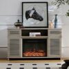Modern Solid Wood Cabinet With Adjustable Shelves And Remote-Controlled Fireplace - Light Gray - Image 2