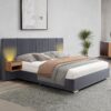 Upholstered King Size Bed Frame Of Velvet Tufted Headboard With Floating Nightstand LED / USB Built - Gray - Image 3