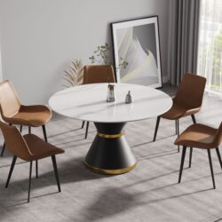 53.15" Modern Artificial Stone Round Carbon Steel Base Dining Table, Can Accommodate 6 People -White / Black