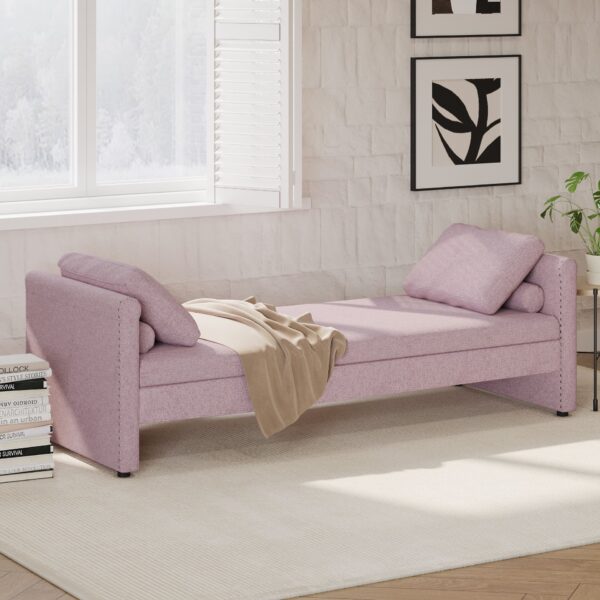 Modern Upholstered Chaise Lounger Daybed With Pillows Small Single Daybed, No Mattress Needed, Perfect For Living Rooms & Home Office, Linen Fabric - Pink