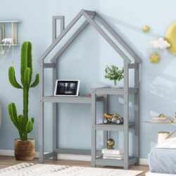 House-Shaped Wooden Writing Desk, Kids Study Table, Bookshelf & Toy Storage - Gray
